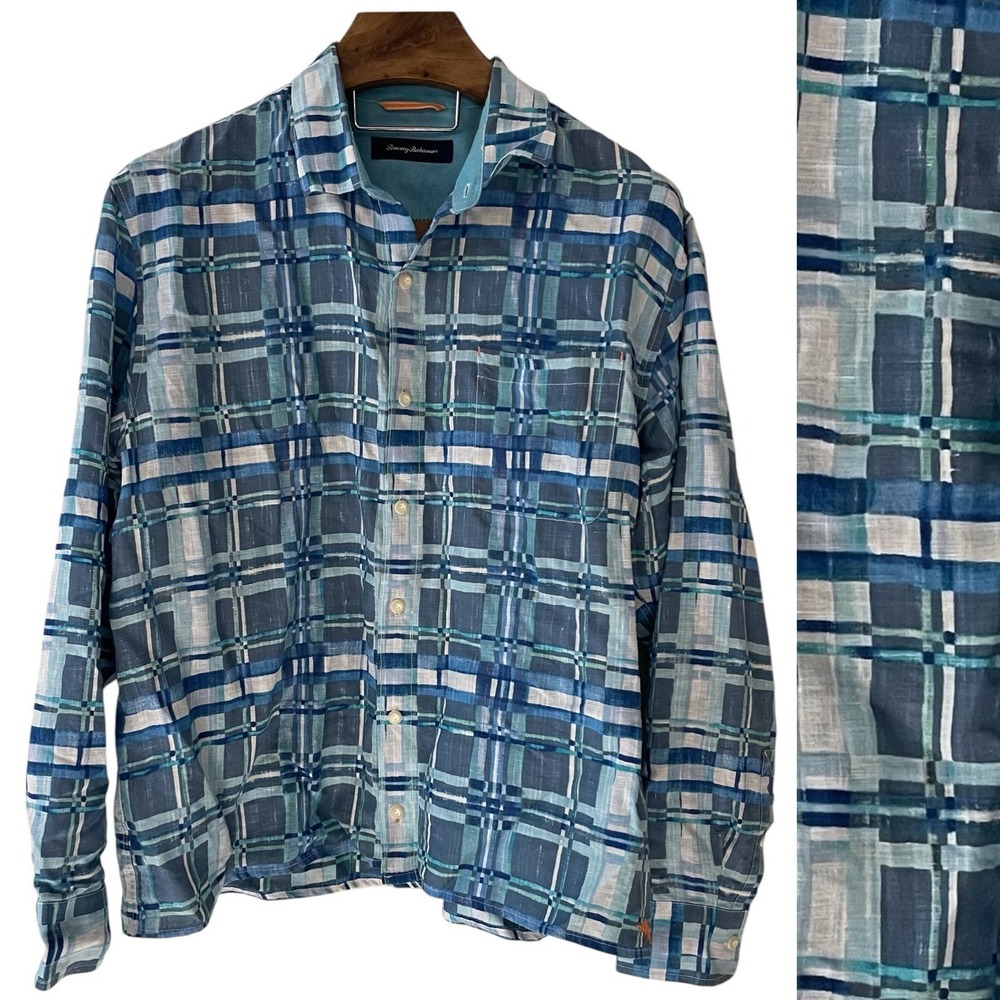 Tommy Bahama Mens Blue Plaid Patchwork Geo Linen‎ Blend Button Up Shirt XL Beach